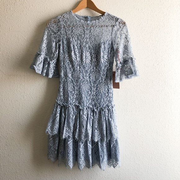 NWT Monique Lhuillier Blue Lace Tiered Dress Size 4 - Picture 3 of 12